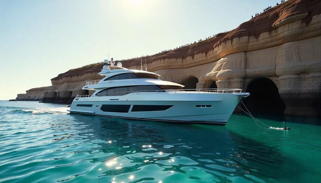 Sunseeker 88 Yacht at Los Tuneles, highlighting a Galápagos yachting adventure in 2025.